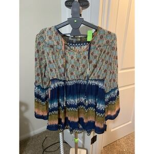 Figueroa & Flower Anthropologie Sheer Rose Butterfly Blouse elastic  Boho S